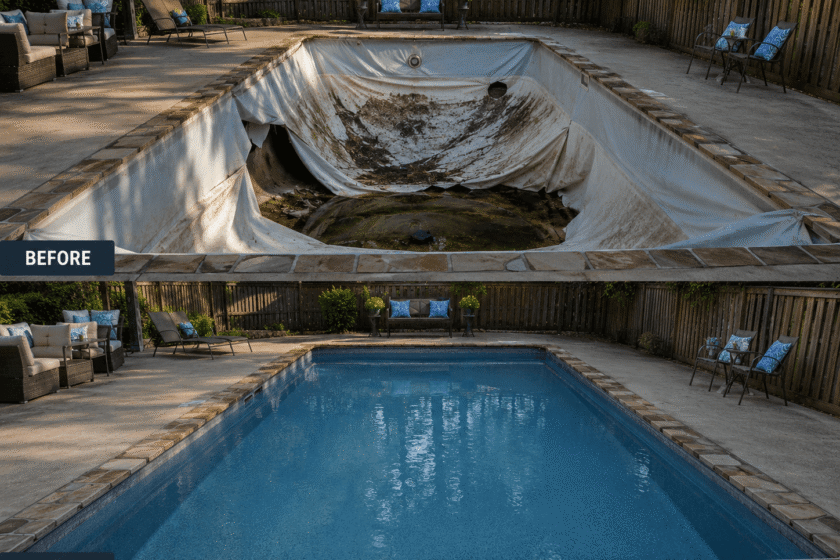 Before and After of a vinyl pool liner replacement